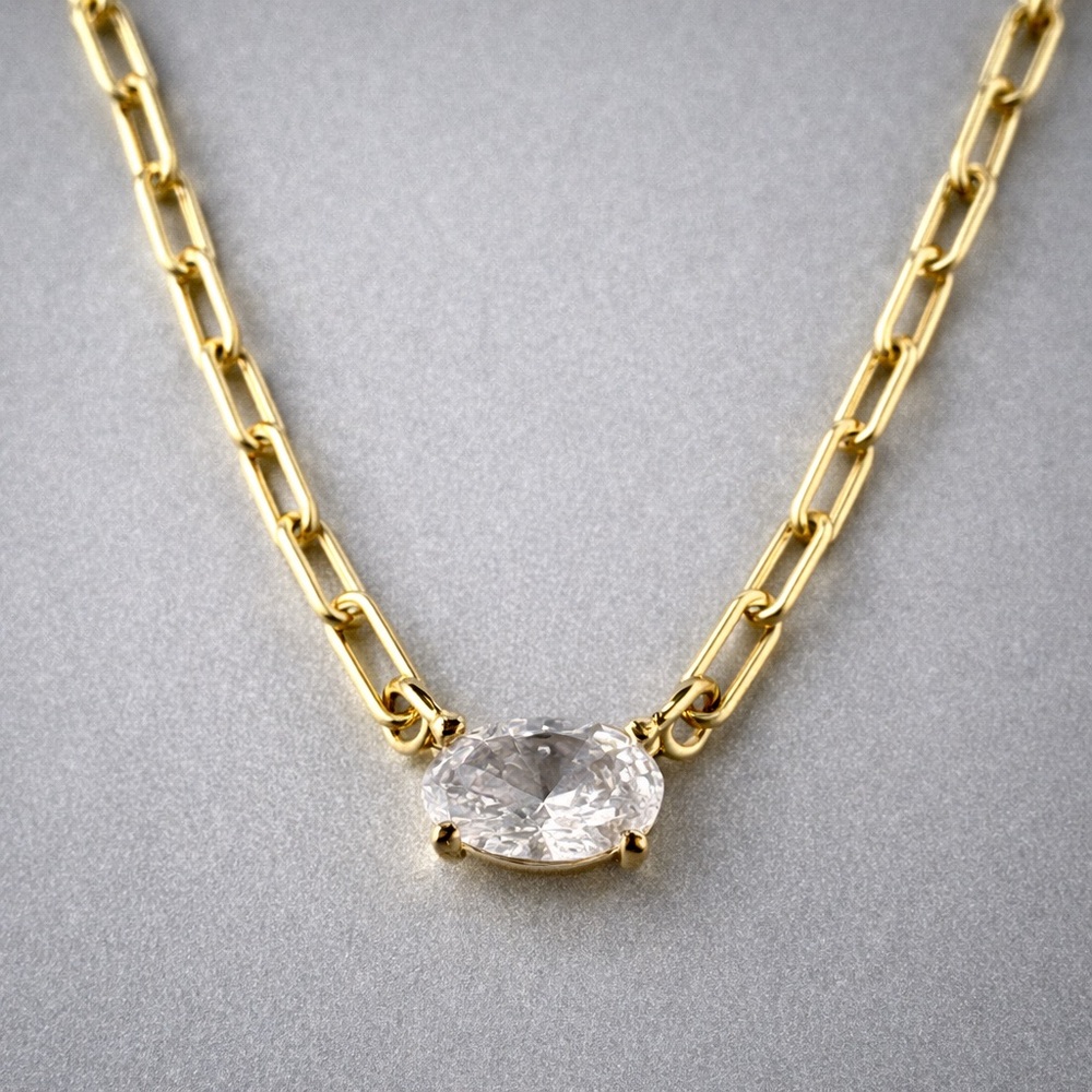 Rachel Zoe Gold Plated 925 Sterling Silver Necklace w CZ Clear Oval Center Stone
